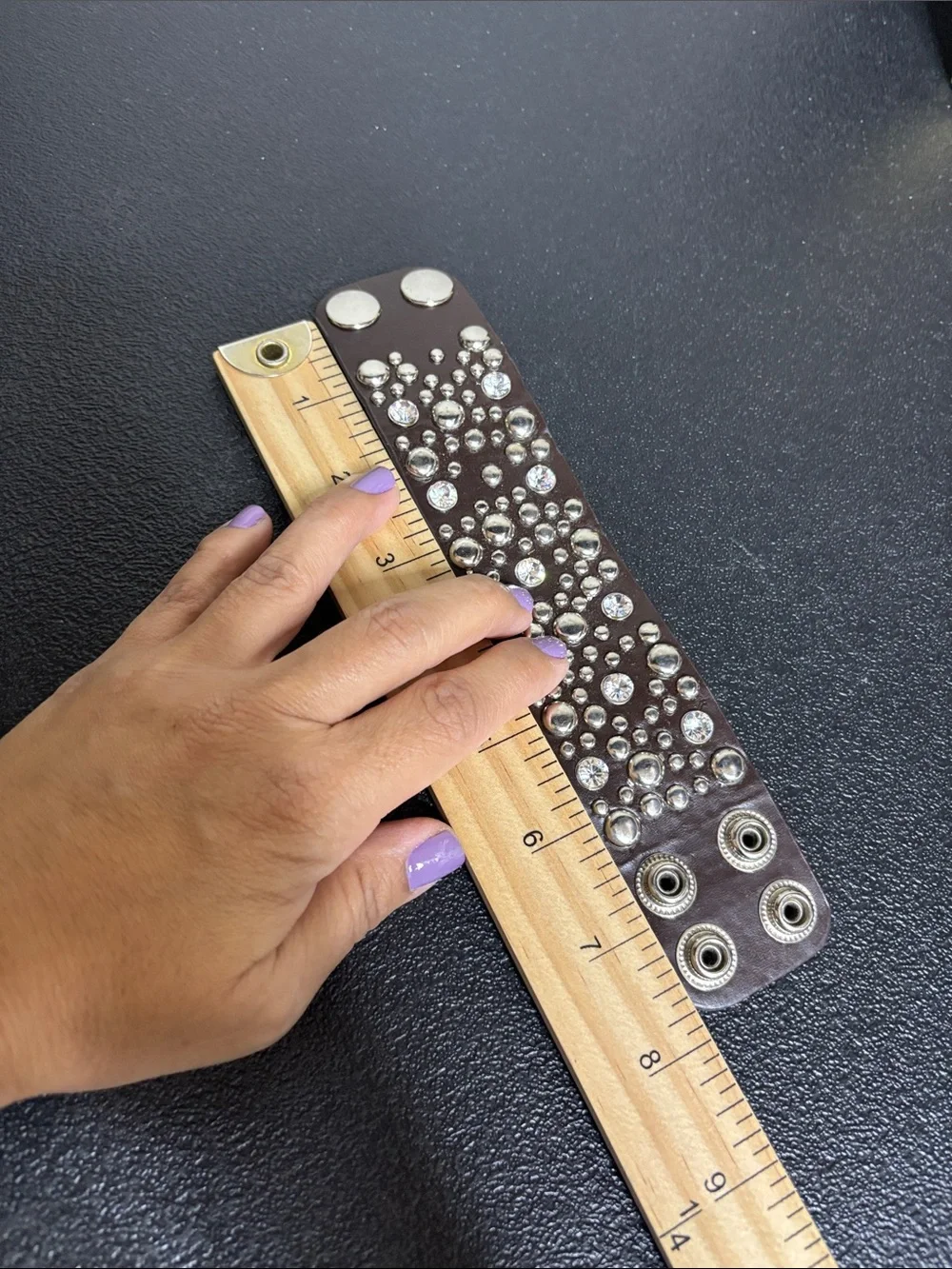 Studded Brown Leather Cuff Bracelet with Clear Crystals